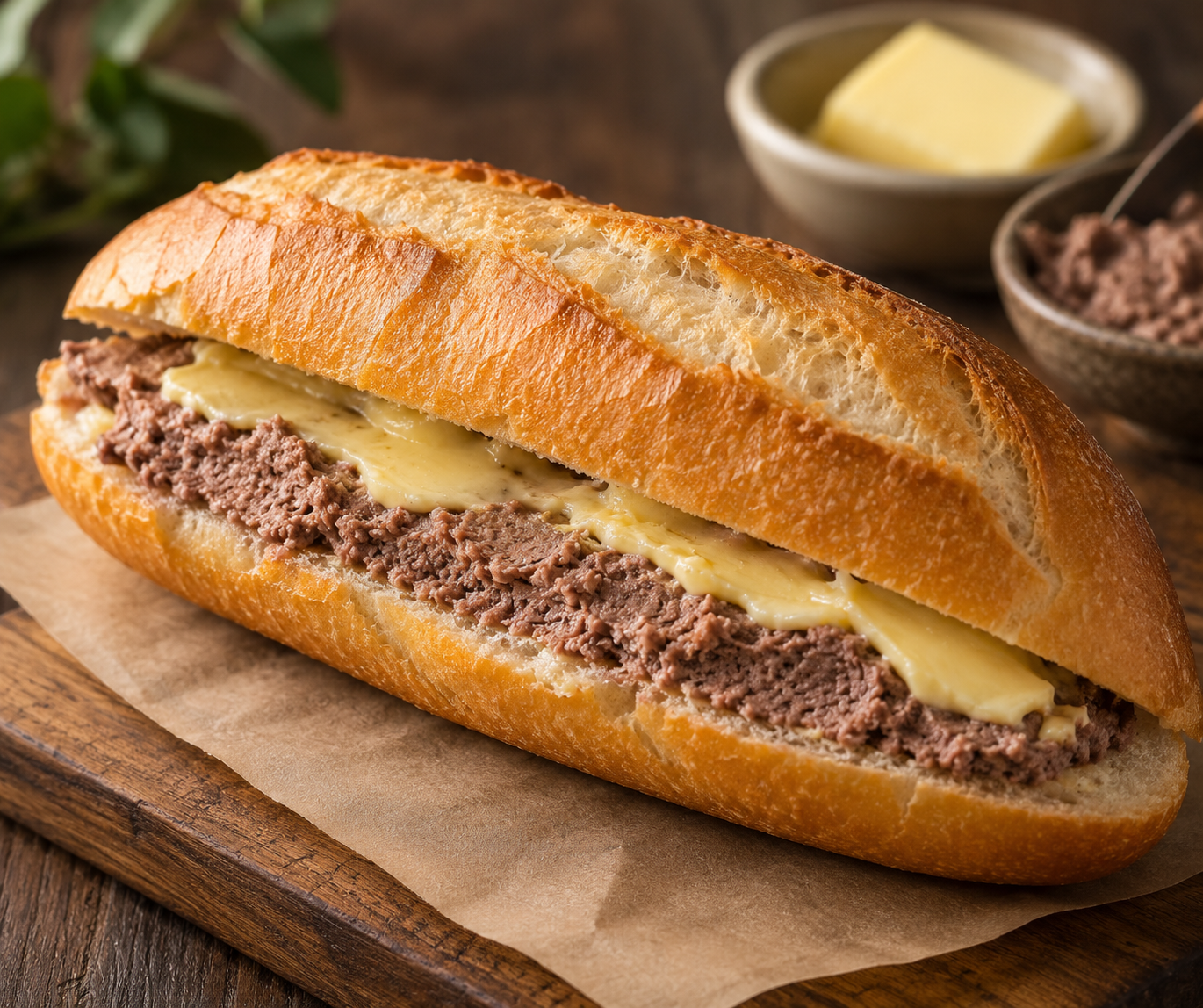 Crispy baguette with pâté and butter